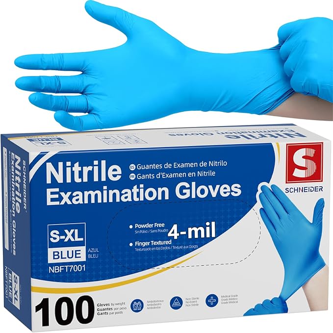 Schneider Nitrile Exam Gloves, Blue, 4 mil, Powder-Free, Latex-Free, for Medical Exam, Cleaning and Food Prep, Non-Sterile