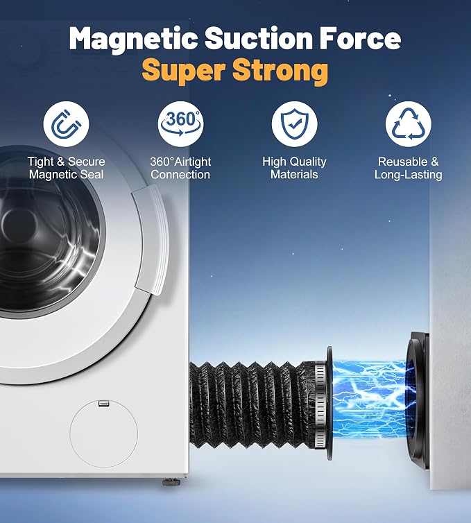 Magnetic Dryer Vent Connector Kit with 3.3ft Flexible Aluminum Foil Hose, 4'' Quick Release Airtight Seal Dryer Duct Connection, Fire-Resistant Airtight Seal & Reinforced Wall Connector (black)