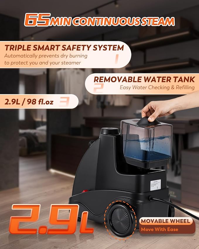 Commercial Standing Garment Steamer with lroning Pad, 1500W Powerful Steamer for Clothes, 2.9L Tank for 65 Min Continuous Steam, 40s Fast Heat-up, Professional Clothing lron for Home