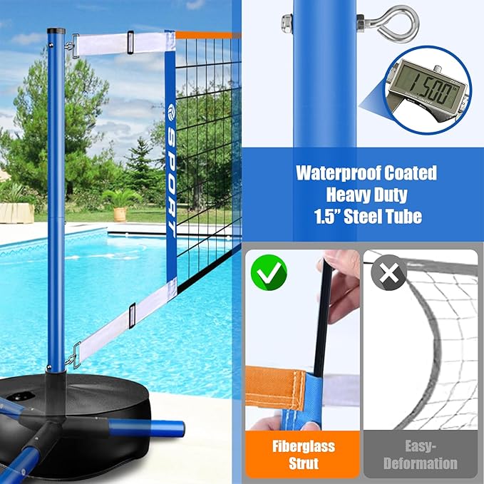 Pool Volleyball Net - Portable Indoor/Outdoor Swimming Pool Volleyball Net System with 2 Water Volleyballs and Heavy Duty Base.Adjustable Length 15-25FT for Pickleball and Tennis Net