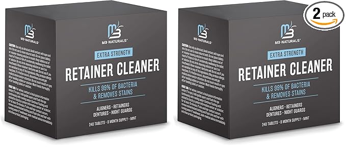 Retainer and Denture Cleansers 240 Tablets Removes Bad Odors Discoloration Stains Plaque for Cleaning Invisalign Mouth Guard Night Guard and Removable Dental Appliances by M3 Naturals (Pack of 2)