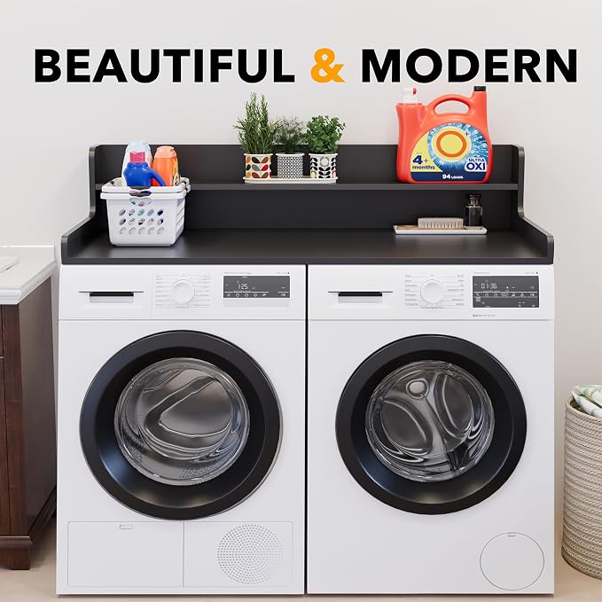 SpaceAid Washer Dryer Countertop with 2-Tier Shelf, Wood Topper with Edge, 54" Width x 27.5" Depth Cover Organizer Guard for Washer and Dryer Counter Laundry Hamper Storage (Black)