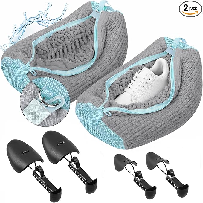 2 Pcs Shoe Washing Machine Bags with 4 Adjustable Shoe Trees, XXL Laundry Bags for Washer and Dryer, Sturdy Zipper with Hook Design, Reusable Cleaning Bag for Sneaker, Tennis (Gray)