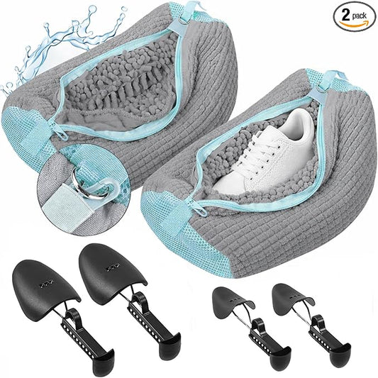 2 Pcs Shoe Washing Machine Bags with 4 Adjustable Shoe Trees, XXL Laundry Bags for Washer and Dryer, Sturdy Zipper with Hook Design, Reusable Cleaning Bag for Sneaker, Tennis (Gray)