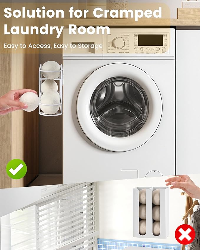 Dryer Ball Holder with Magnetic Back for Laundry Room Organization and Storage, Automatic Dryer Ball Roller Chute Container, White (No Balls)