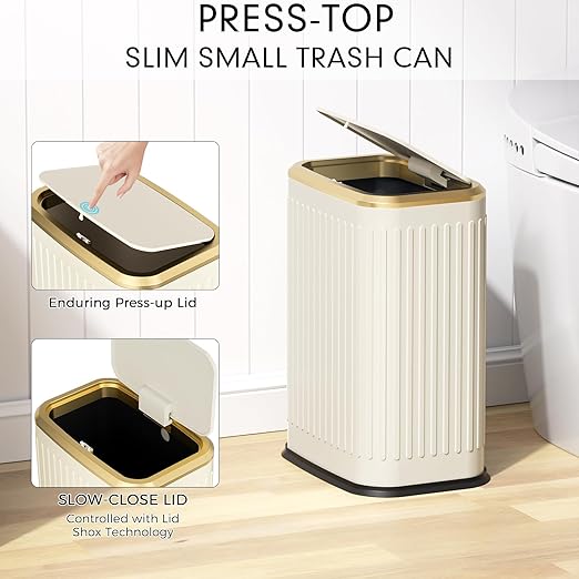 Bathroom Trash Can with Lid, 8L/2.1 Gallon Beige Trash Can Small Garbage Can with Press Top Lid Slim Stainless Steel Garbage Can with 100 Counts Trash Bags for Bathroom Bedroom Kitchen Office Toilet