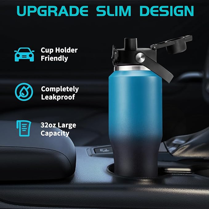 32oz Water Bottles with Straw - Travel Stainless Steel Water Bottle, Carrier Bag with Strap, 32 oz Tumbler Water Cup Fits Car Cup Holders