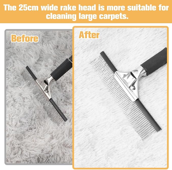 Big Carpet Rake with Long Handle, Making Carpets Fluffy Again, Clean Hair, Let Carpet Restore Softness(Iron, Black and Silver)