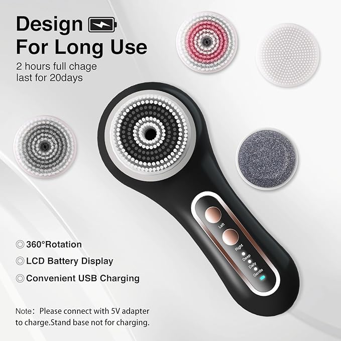 Facial Cleansing Brush, Rechargeable Electric Face Scrubber with 5 Brush Heads, IPX7 Waterproof Spin Brush for Deep Cleansing, Exfoliating & Massaging – Black
