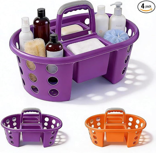 SIMPLYKLEEN Large Shower Caddy Portable 2PC - Made in USA Plastic Jumbo Size Dorm Storage Candy Tote with Handle Shower Organizer for Bathroom, Pantry, Kitchen, College Dorm, Orange/Purple