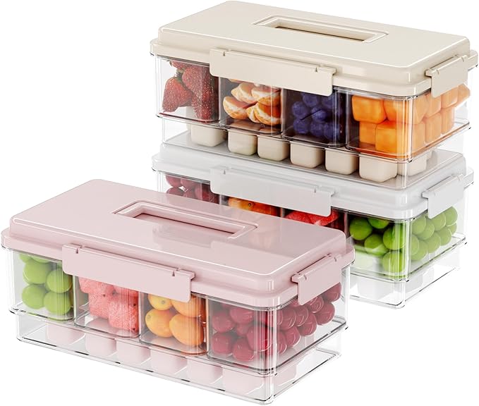 3Pack Chilled Condiment Caddy with 4 Containers 4 Lids Fruit Serving Tray Platter with Handle Portable Snackle Box Organizer Server with Ice Pack for Mimosa Bar Supplies,Salad,Taco,Party Garnish,Multi