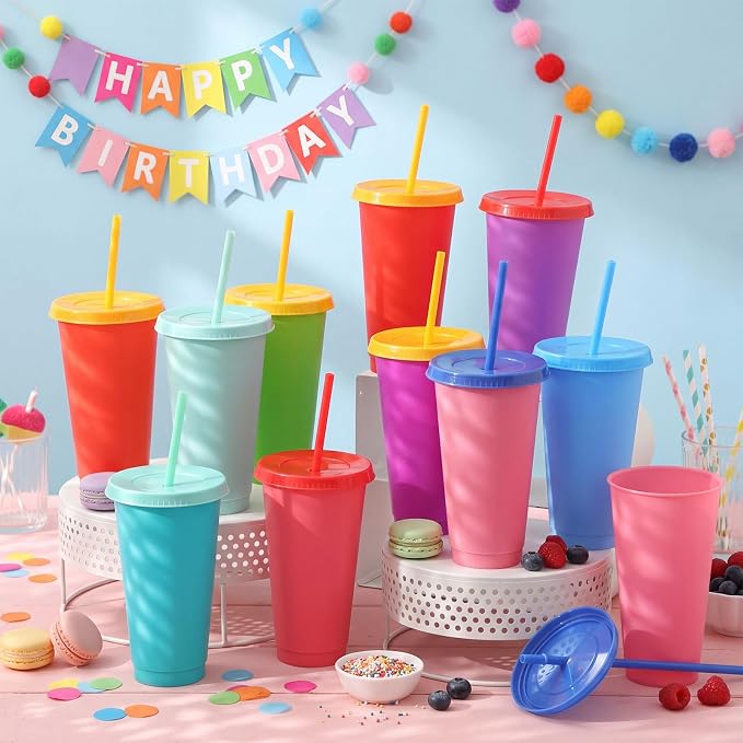 Honeydak 30 Pack Tumbler with Straw and Lid Bulk Cups for Gifts Water Bottle Iced Coffee Travel Mug Cup Reusable Plastic Tumblers for Party Birthdays 24-27 oz (Pastel and Bright Color)