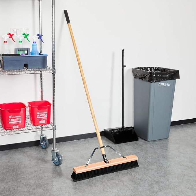 Restaurantware-Clean Tek Professional 24 Inch Push Broom, 1 Heavy-Duty Broom with 60” Handle - Fine Plastic Bristles, Durable, Wooden, Commercial Use, for Deck, Driveway, Garage, Yard, Patio