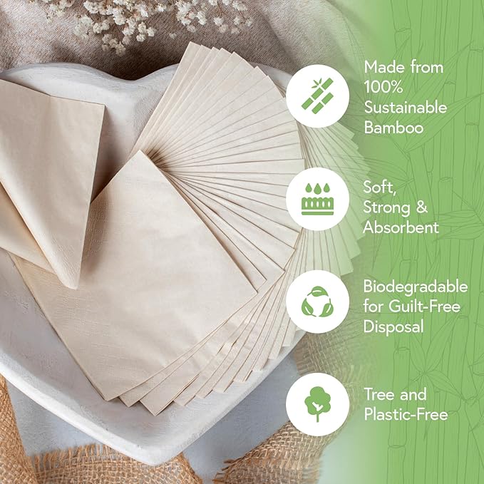 100% Bamboo Disposable Cocktail Napkins (50-Pack) | 2-Ply FSC Certified | Biodegradable Drink Napkins for Party, Home or Commercial Use | 4.5 x 4.5 Inch Folded | Ideal for Serving Drinks