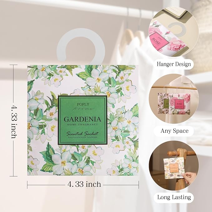 12 Pack Gardenia Scented Sachets, Long-Lasting Fresh Scent, Air Freshener for Closet & Drawers, Hanging Deodorizer for Home