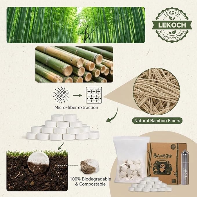 LEKOCH Compressed Towel Tablets - Bamboo Portable Camping Paper Tablets, Great for Hiking, Travel and Backpacking - Disposable Washcloths, Body Wipes, Coin Tissue (100 Pack with Metal Cases)
