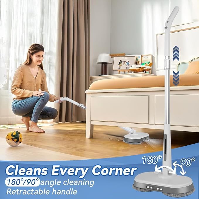 Cordless Electric Mop, Electric Spin Mop with LED Headlight and Water Spray,60 Mins Spin Power Scrubber Mops for Floor Cleaning,2000mAh Battery,350ml Water Tank,Standing Storage,Light Weight