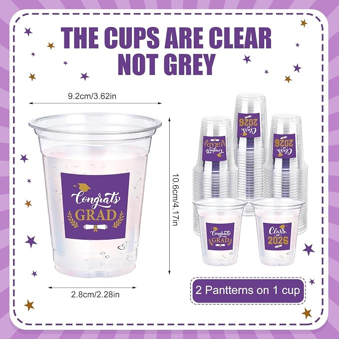 Amyhill 60 Pack 12oz Graduation Cups 2026 Graduation Decorations Disposable Plastic Cups Sturdy&Durable Drinkware for Class of 2026 Decorations Congrats Grad Party Favors Supplies (Gold Purple)