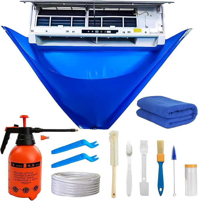 13psc Large Mini Split Cleaning Kit Bag for Home Air Conditioner - Includes Waterproof Cleaning Bag, Vent Brush & Tools for Wall Mounted/Ductless AC Units | Fits Small to Large Split Systems.