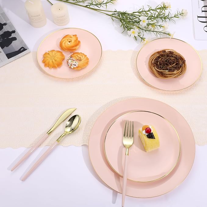 Goodluck 90 PCS Pink Gold Plastic Silverware Set for 30 Guests,30 Knives, 30 Forks and30 Spoons, Food-grade material free of BPA, Gold Plastic Cutlery Ideal for Weddings, Birthdays, Graduation