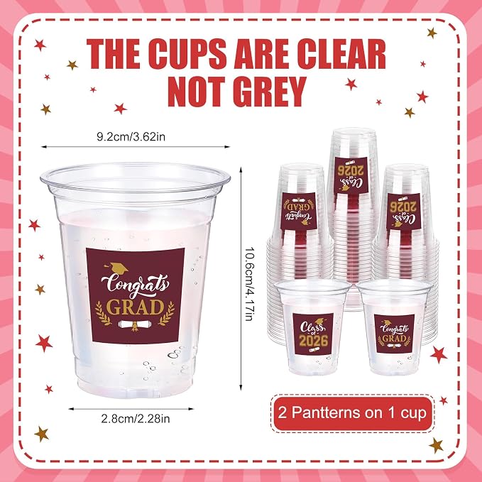 Amyhill 60 Pack 12oz Graduation Cups 2026 Graduation Decorations Disposable Plastic Cups Sturdy&Durable Drinkware for Class of 2026 Decorations Congrats Grad Party Favors Supplies (Gold Dark Red)