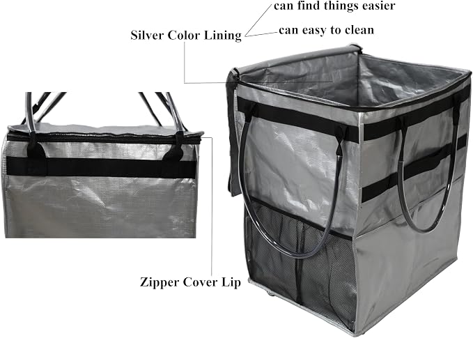 Reusable Grocery Bag On Wheels Large Capacity Shopping Trolley Foldable Rolling Tote with Outside Pocket, Heavy Duty Handle (Silver, Large)