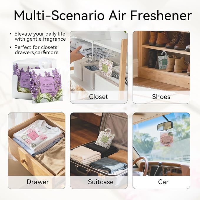 12 Pack Sakura Scented Sachets, Long-Lasting Fresh Scent, Air Freshener for Closet & Drawers, Hanging Deodorizer for Home