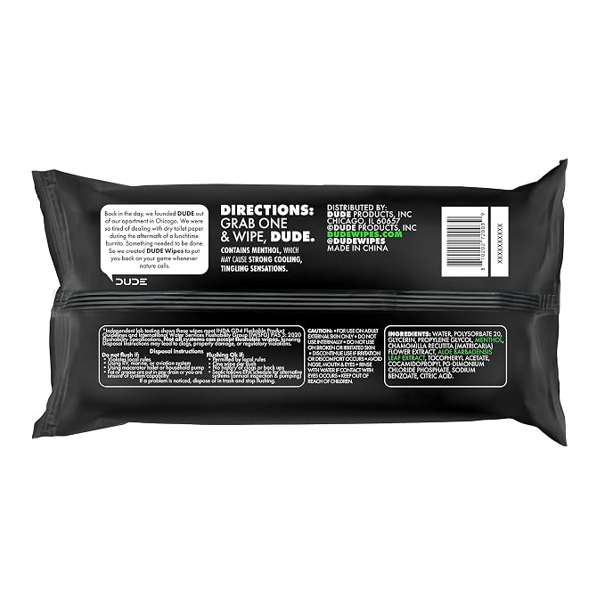 DUDE Wipes MentHOLE XXtreme Flushable Wipes - Menthol Infused Extra-Large Adult Wet Wipes - 1 Pack (48 Count), Travel Pack - Infused with Menthol for a Cooling Sensation - Septic and Sewer Safe