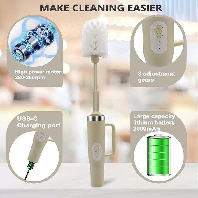 5 in 1 Electric Bottle Brush Cleaner Compatible Stanley Bottle Brush Straw Cleaner Multifunction Rechargeable IPX6 Waterproof Extra Long Design for Stanley Cup, Sports Bottle and More (Beige)