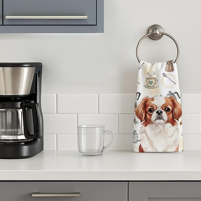 Caroline's Treasures Red and White Japanese Chin Coffee Bar Kitchen Towel Velour Plush Front and Cotton Loop Back Machine Washable