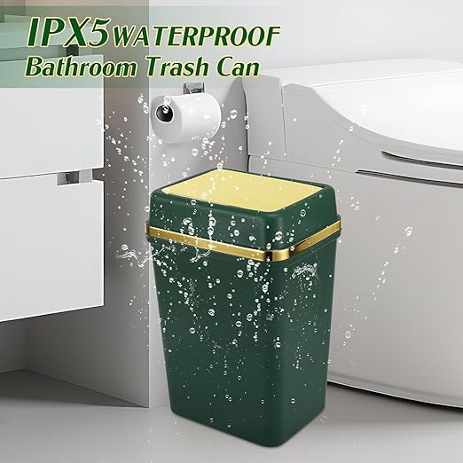 Bathroom Trash Can with Lid 4 Gallon Trash Can with Swing Lid Dark Green Small Garbage Can Bathroom Garbage Can with 150 Counts Trash Bags for Kitchen Bedroom Office