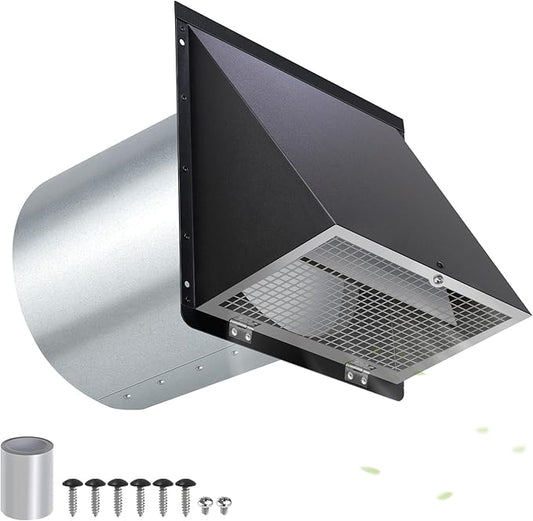 7 Inch Hooded Wall Vent with Mesh and Damper, 7'' Exhaust Vent Cover Cap for Kitchen Range Hood/Dryer/Laundry/Bathroom Exhaust Fan,Outside Wall Vent Hood Exterior Duct Vent Cap-Galvanized Steel,Black