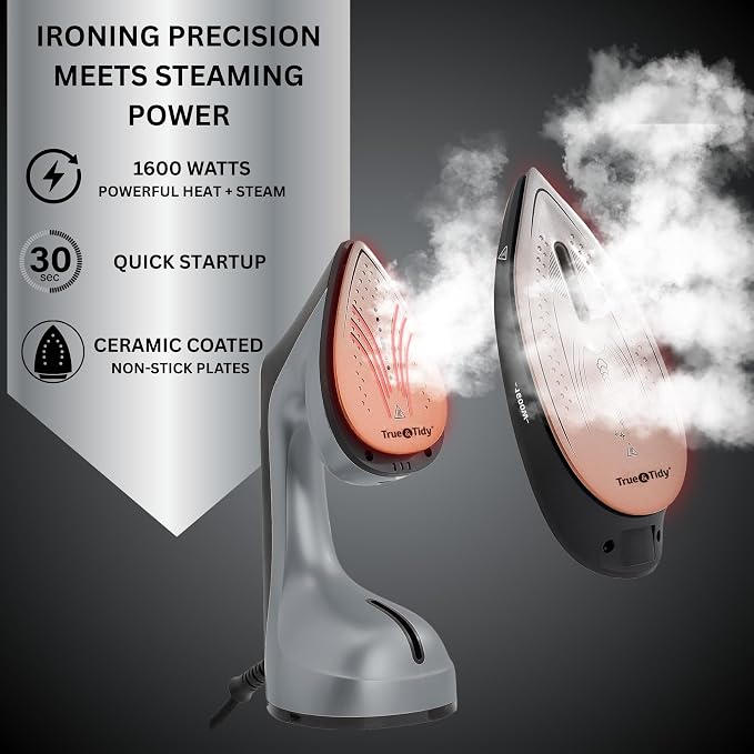 True & Tidy 2-in-1 Iron and Handheld Steamer, 1600W Dual Heating System with Ceramic-Coated Plate, LCD Display, No-Drip Technology, 3 Fabric Modes, Portable Garment Steamer for Home & Travel