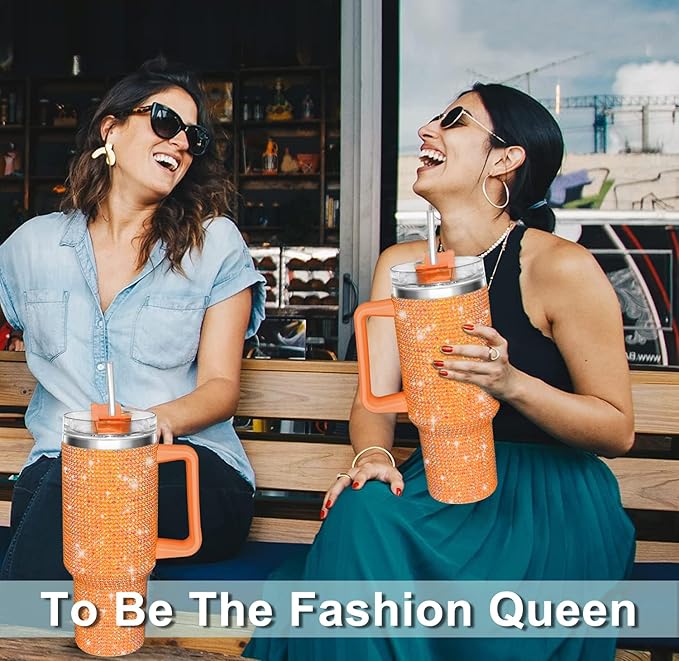 HWISDMIG 40oz Tumbler with Handle-Glitter Rhinestones Tumbler Bling Cups Stainless Steel Water Bottle Diamond Studded Tumbler for Women-Birthday Gifts for Women, Mom, Girlfriend (Orange)