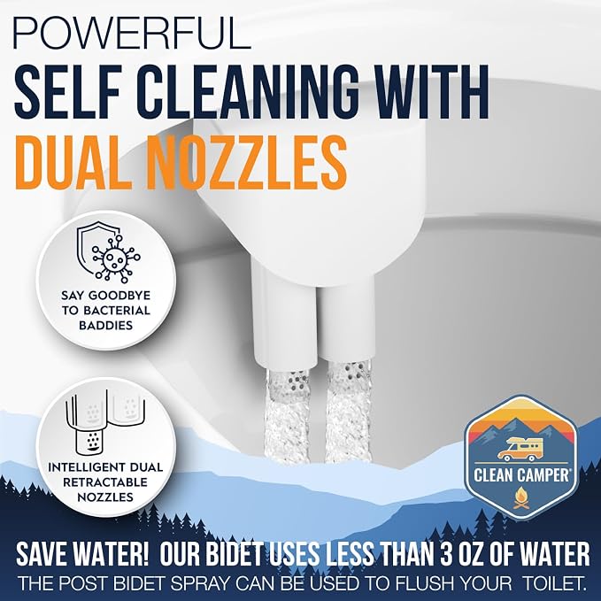 Clean Camper RV Bidet – Only Fits Thetford V, Thetford VI & SeaFlo Plastic Toilets – Not for Porcelain RV Toilets– Easy Install, Front & Rear Spray, Saves 80% TP – Best RV Bathroom Upgrade
