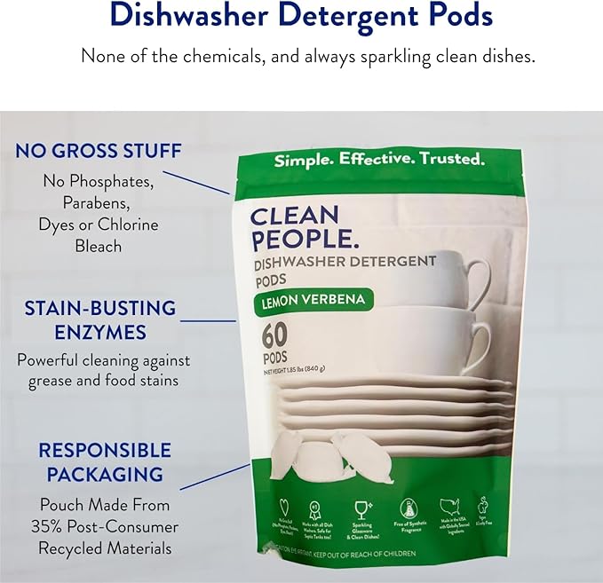 The Clean People Dishwasher Pods - Cuts Grease & Rinses Sparkling Clean - Residue-Free - Phosphate Free Dishwashing Pods (120 Count, Lemon Verbena)