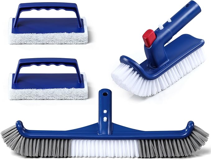 3-in-1 Full-Coverage Pool Brush Head Set - Includes 17.5" Long Brush, Rotatable Handheld/Extension Pole Brush, Sponge Brush, Durable Scrubber Brush Set for Pool Floors/Corners/Steps