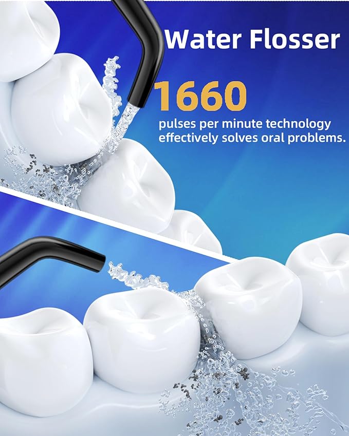 Electric Water Dental Flosser - Cordless Portable Teeth Cleaner, Rechargeable 320ML Larger Water Tank Oral Irrigator, 4 Modes with 5 Jet Tips and Travel Bag, IPX7 Waterproof (Black)