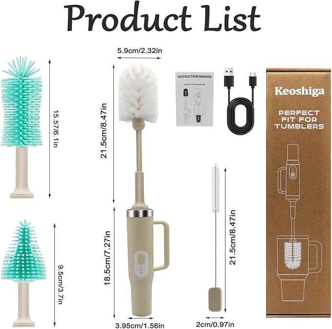 5 in 1 Electric Bottle Brush Cleaner Compatible Stanley Bottle Brush Straw Cleaner Multifunction Rechargeable IPX6 Waterproof Extra Long Design for Stanley Cup, Sports Bottle and More (Beige)
