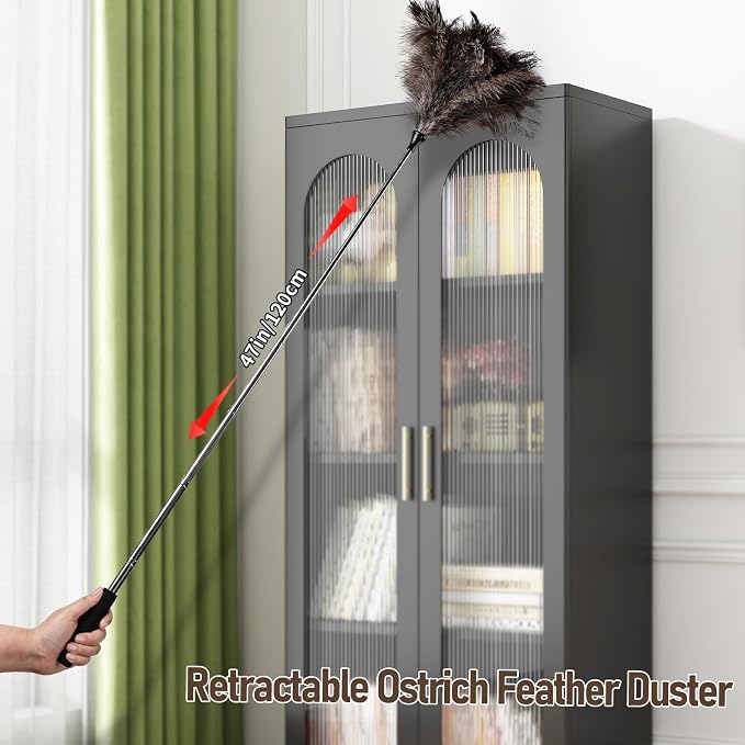 Ostrich Feather Duster 16.5-47Inch Reusable Fluffy Natural Detachable Ostrich Feather Duster Used for Household Cleaning and High-Altitude Cleaning (1PCS)