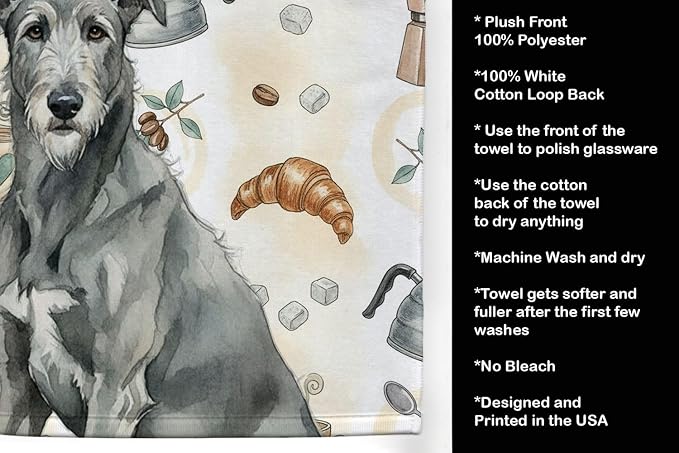 Caroline's Treasures Gray Irish Wolfhound Coffee Bar Kitchen Towel Velour Plush Front and Cotton Loop Back Machine Washable