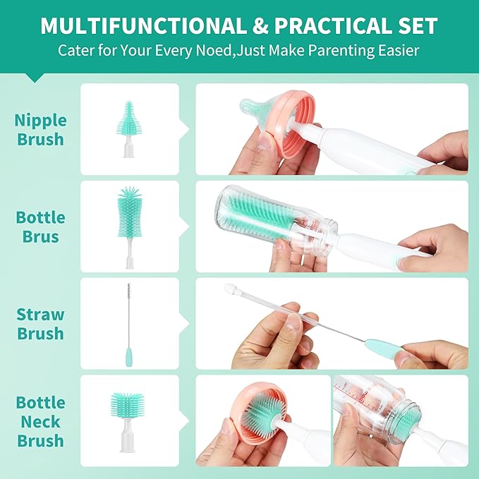 Electric Bottle Brush Cleaner,Rechargable Electric Baby Bottle Brush Cleaner,Travel Bottle Cleaner Kit with Silicone Bottle Brush,Straw Cleaner,Nipple Brush,Bottleneck Brush,Green