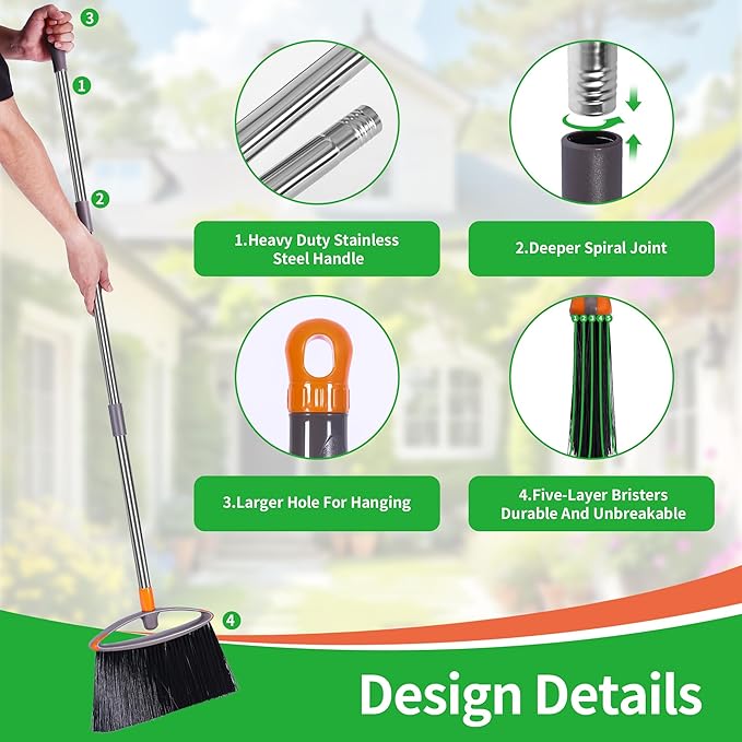Stiff Bristle Broom for Sweeping Indoor, Heavy Duty Broom with Collapsible Handle, Ideal for Outdoor Hardwood Floors Kitchen Salon Camping Cat Pets Hair Home Room Office, Sturdy and Durable, Gray