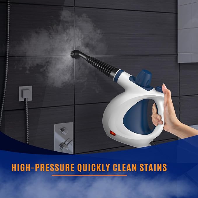 Pressurized Handheld Multi-Surface Natural Steam Cleaner with 12 pcs Accessories, Multi-Purpose Steamer for Home Use, Steamer for Cleaning Floor, Upholstery, Grout and Car (Grey) (White&Blue)