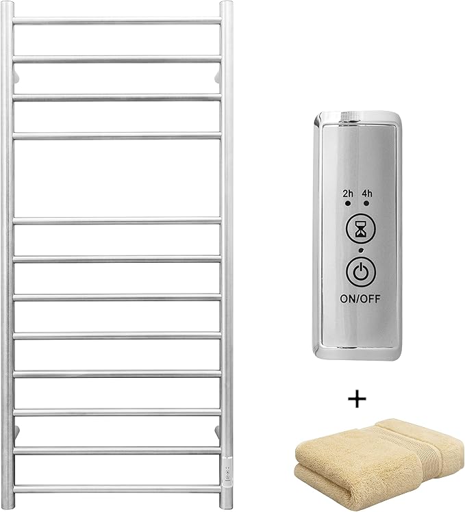 KEG Towel Warmer Wall Mounted with Built-in Timer 12 Bars Electric Stainless Steel Heated Towel Racks for Bathroom, Hot Plug-in Bath Towel Heater Brushed Nickel