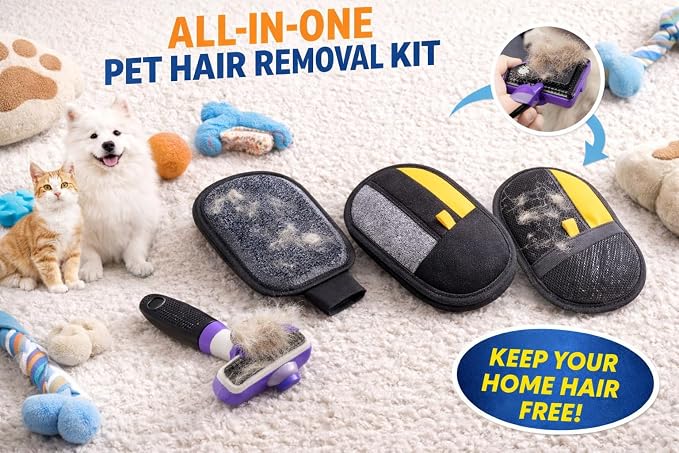 Pet Hair Remover Kit for Dogs & Cats – Reusable Lint Roller + Grooming Glove – Deshedding Tool for Furniture, Carpet & Clothes