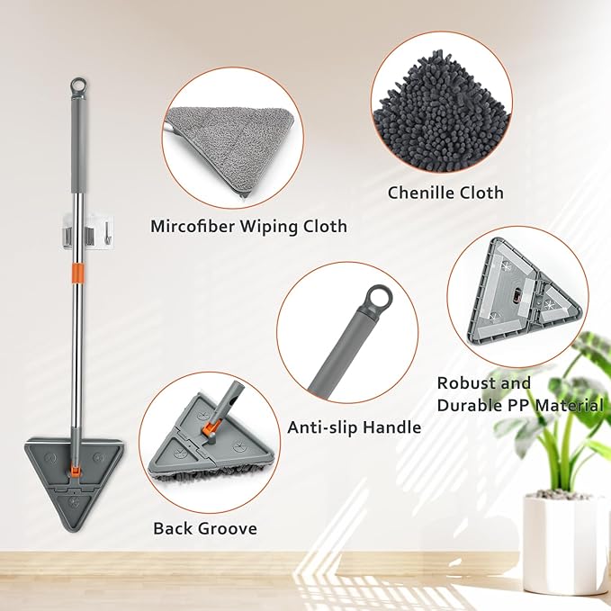 Wall & Base Board Cleaner Tool with 360°Rotating Mop Head, 180°Folding Design for Effortless Baseboards/Ceilings/Wall Cleaning - Adjustable Long Handle Multi-Surface Scrubber & Duster