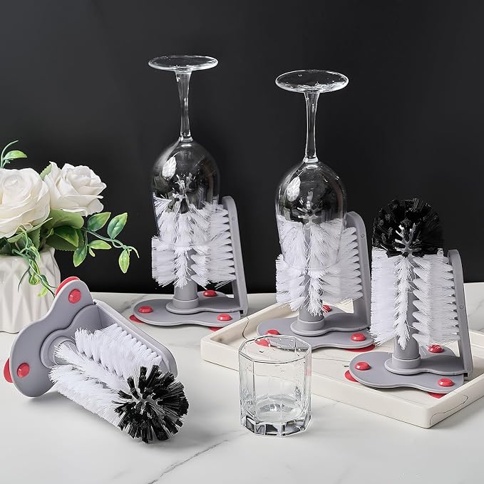 LemonRoad 4 Pack Cup Washer Brush for Sink, 7.48" x 4.92" x 7.48" Double Bristle Glass Washer with Suction Base, Hands-Free Cup Cleaner for Wine Glasses, Beer Mugs, Tumblers, Kitchen Bar Restaurant
