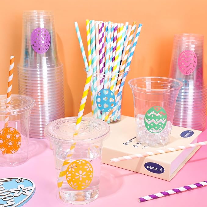 Whaline 60Pcs Easter Disposable Plastic Cups with Lids and Straws 12Oz Colorful Egg Pattern Cold Beverage Drinking Cup for Spring Holiday Birthday Party