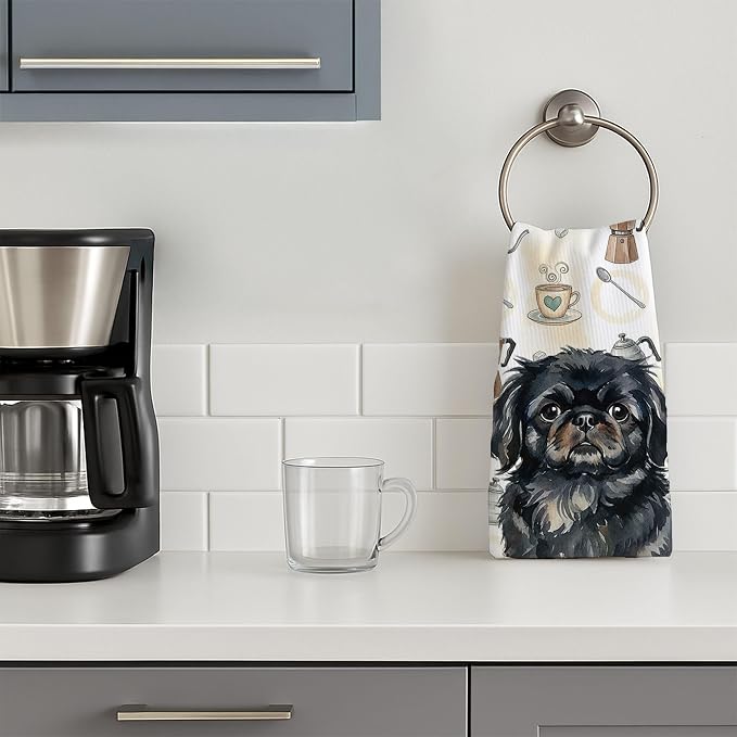 Caroline's Treasures Black Pekingese Coffee Bar Kitchen Towel Velour Plush Front and Cotton Loop Back Machine Washable